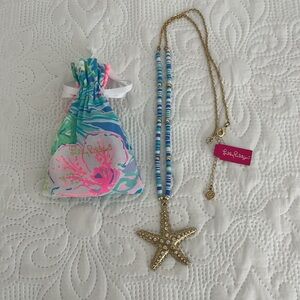 Lilly Pulitzer Gold-tone Starfish Rhinestone Long Necklace, Claw Clasp, Pink Bag